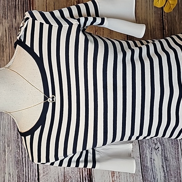 NAUTICA BLUE & WHITE STRIPED SHORT FLUTTER SLEEVE PULLOVER TEE - Picture 2 of 11